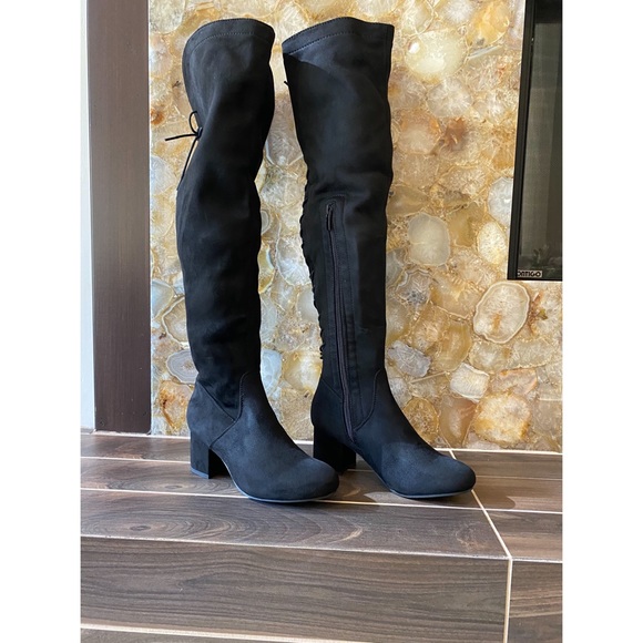 Back Lace Up Mid Faux suede Block Heel Over The Knee Thigh High Boot round toe - Picture 12 of 16